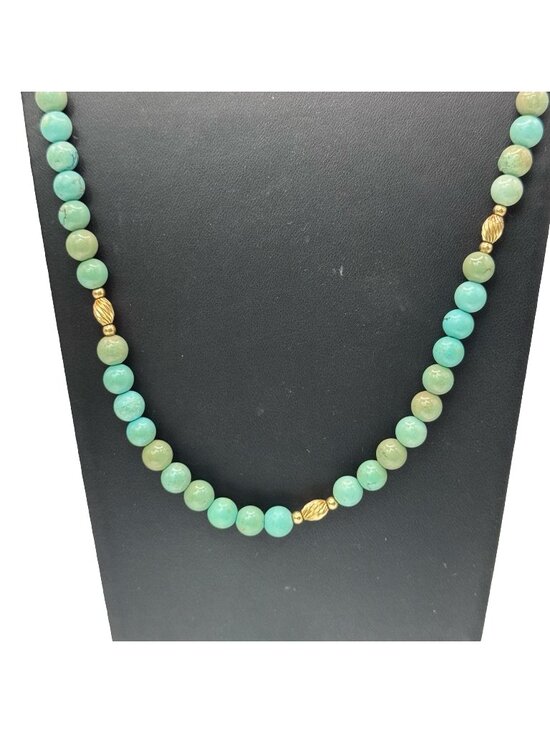 Estate Jewelry - Amazonite Beaded Necklace Turquoise Color Beaded 14k Gold Accents & Clasp 30"